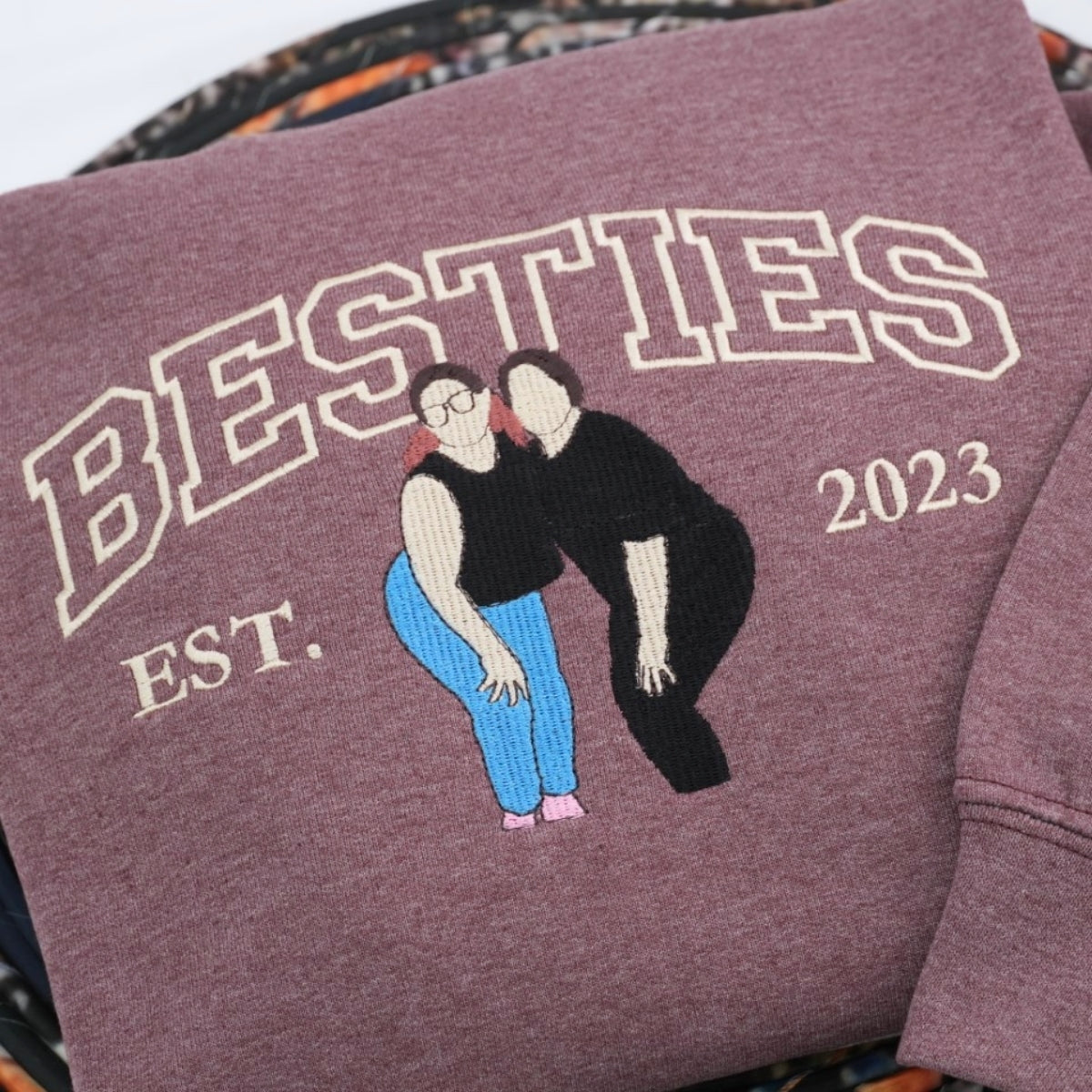 Custom Childhood Friends Portrait Sweatshirt - Besties Embroidered Varsity Hoodie - Longtime Friendship Gift EST Date