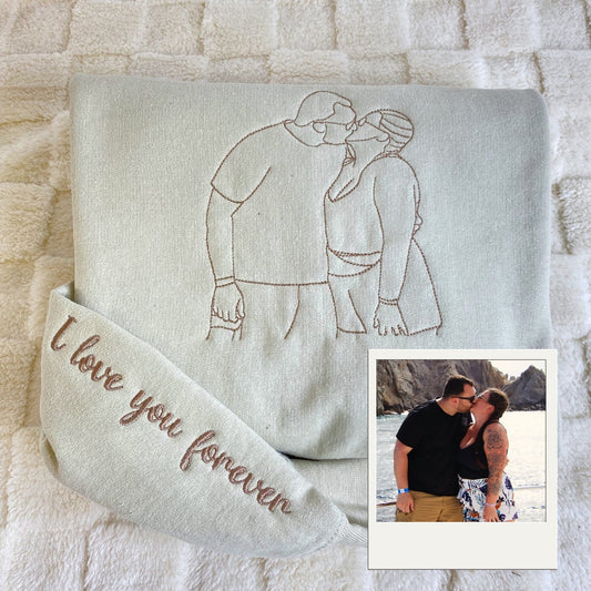 Custom Couple Art Hoodies - Photo Line Drawing Embroidered Sweatshirts - Wedding Gift