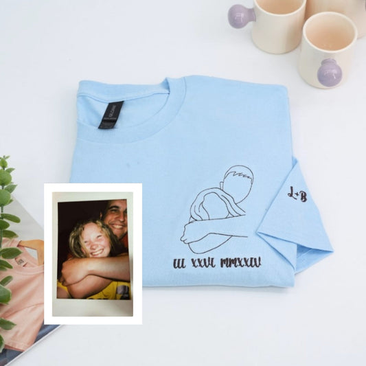 Custom Couple Photo T-Shirts - Outline Style Portrait Embroidered Apparel - Perfect Anniversary Gift