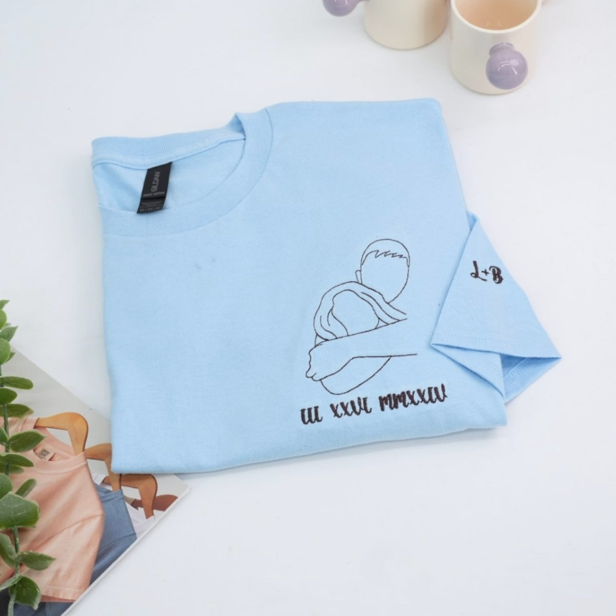 Custom Couple Photo T-Shirts - Outline Style Portrait Embroidered Apparel - Perfect Anniversary Gift