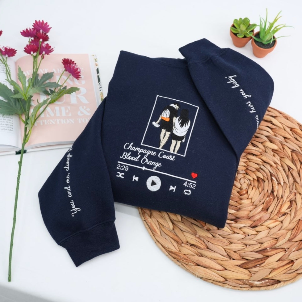 Custom Couple Portrait Hoodies - Personalized Song Music Player Embroidered Sweatshirts