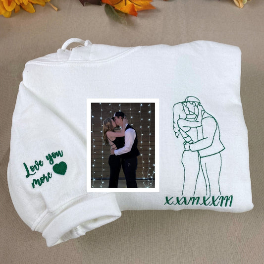 Custom Date Couple Hoodies - Photo Line Art Roman Numeral Embroidered Anniversary Sweatshirts