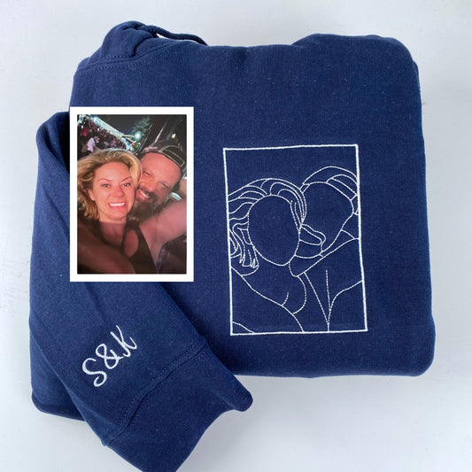 Custom Date Couple Hoodies - Photo Line Art Roman Numeral Embroidered Anniversary Sweatshirts