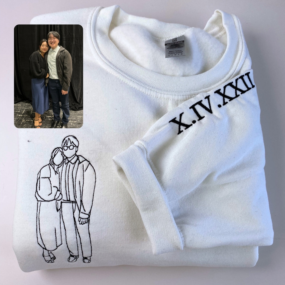 Custom Date Couple Hoodies - Photo Line Art Roman Numeral Embroidered Anniversary Sweatshirts