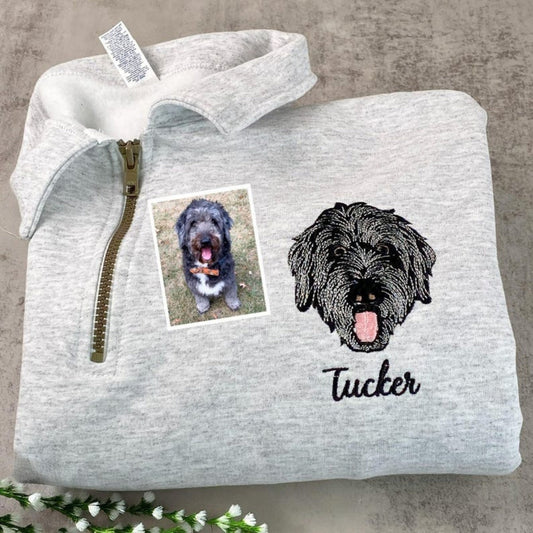 Custom Dog Photo Embroidery Quarter Zip - Pet Portrait from Picture - Personalized Memorial Gift
