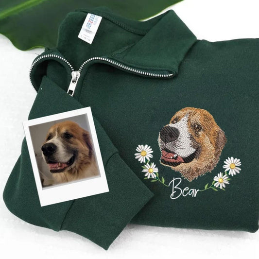 Custom Dog Photo Embroidery Quarter Zip with Flowers - Pet Portrait from Picture - Floral Memorial Gift