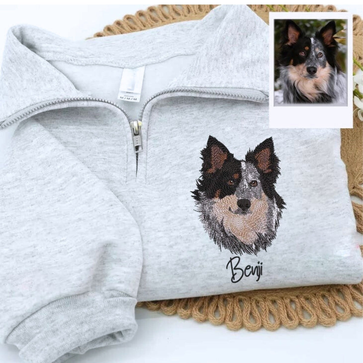Custom Dog Photo Embroidery Quarter Zip with Flowers - Pet Portrait from Picture - Floral Memorial Gift