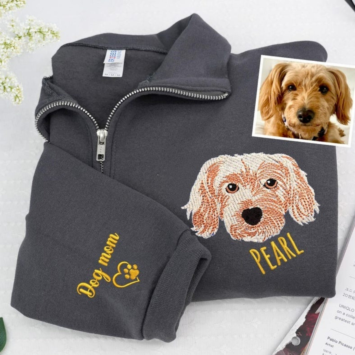 Custom Dog Photo Embroidery Quarter Zip with Flowers - Pet Portrait from Picture - Floral Memorial Gift