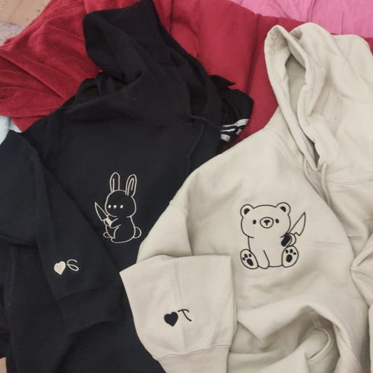 Custom Embroidered Bear and Rabbit Matching Hoodies for Couples