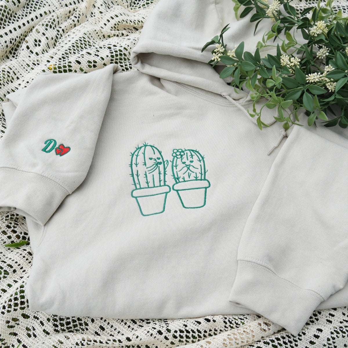 Custom Embroidered Cactus Matching Hoodies for Couples