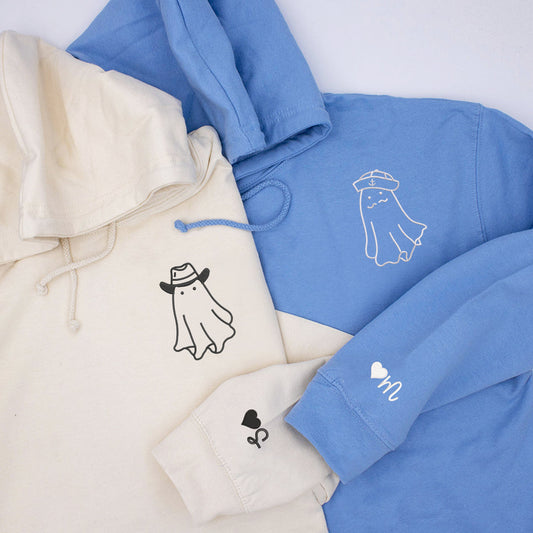 Custom Embroidered Cowboy & Sailor Ghosts Matching Hoodies for Couples
