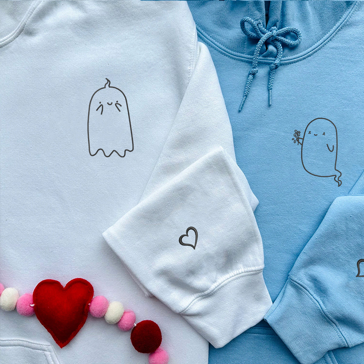 Custom Embroidered Cute Kawaii Ghost Matching Hoodies for Couples