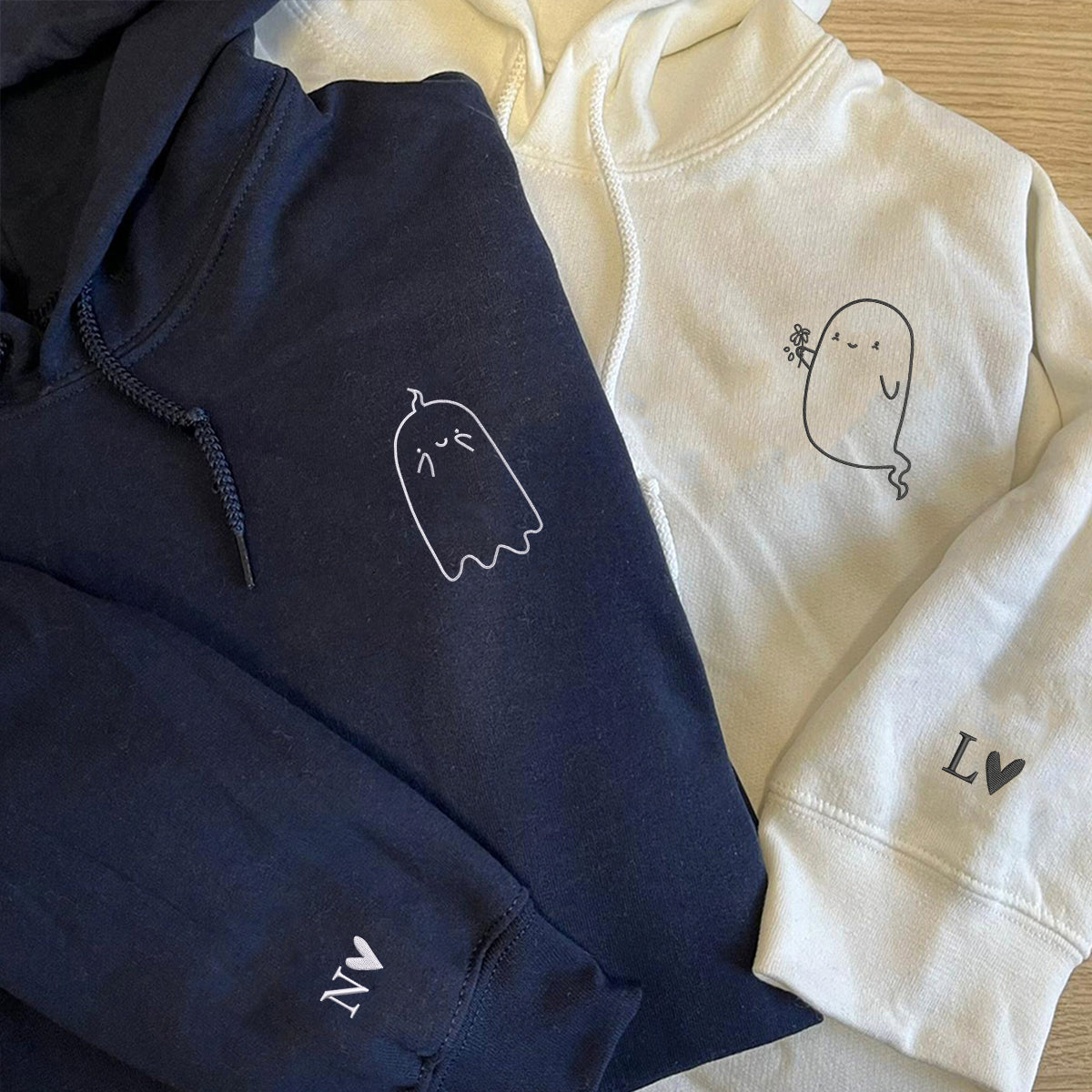 Custom Embroidered Cute Kawaii Ghost Matching Hoodies for Couples