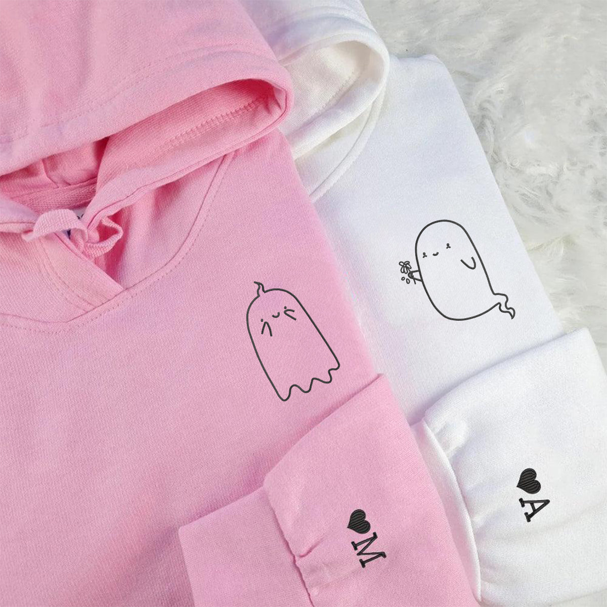 Custom Embroidered Cute Kawaii Ghost Matching Hoodies for Couples