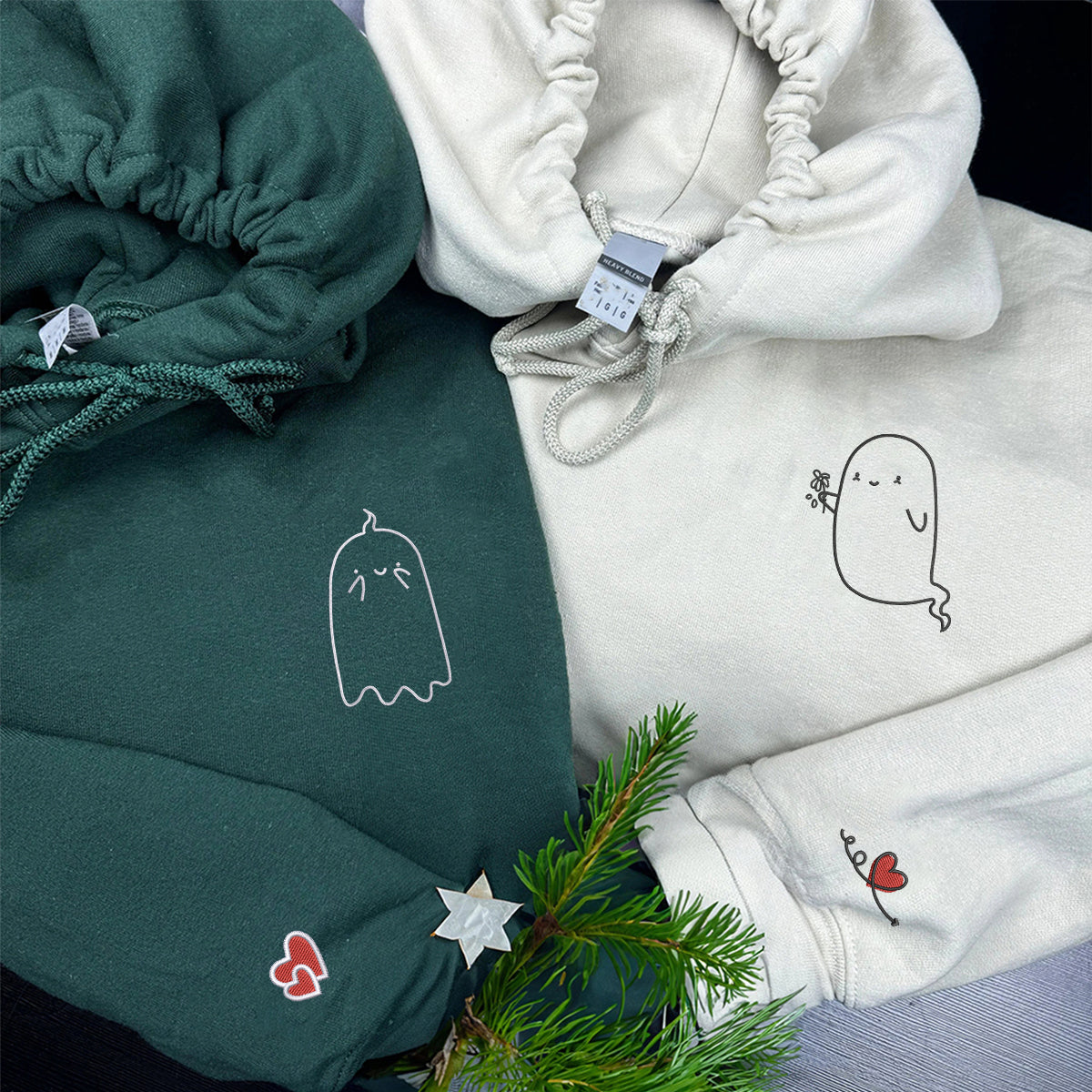 Custom Embroidered Cute Kawaii Ghost Matching Hoodies for Couples