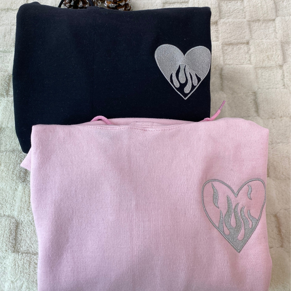 Custom Embroidered Fire Heart Matching Hoodies for Couples