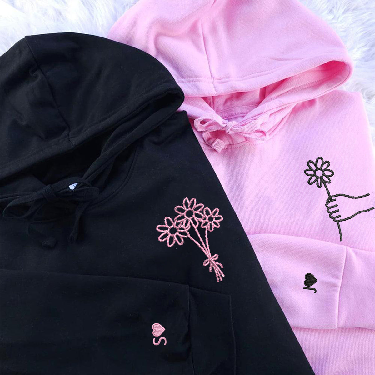 Custom Embroidered Flower Bouquet Matching Hoodies for Couples