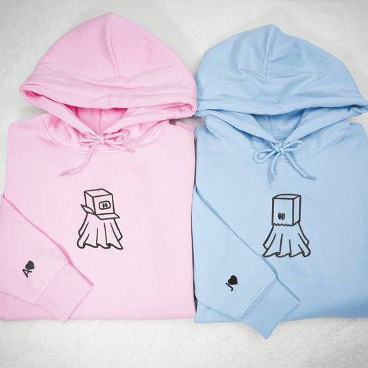 Custom Embroidered Ghost Boxhead & Paperbag Matching Hoodies for Couples