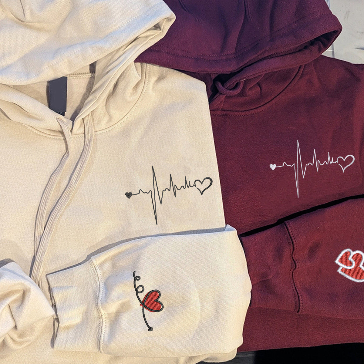 Custom Embroidered Heartbeat Matching Hoodies for Couples