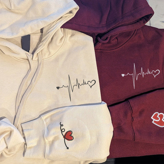Custom Embroidered Heartbeat Matching Hoodies for Couples