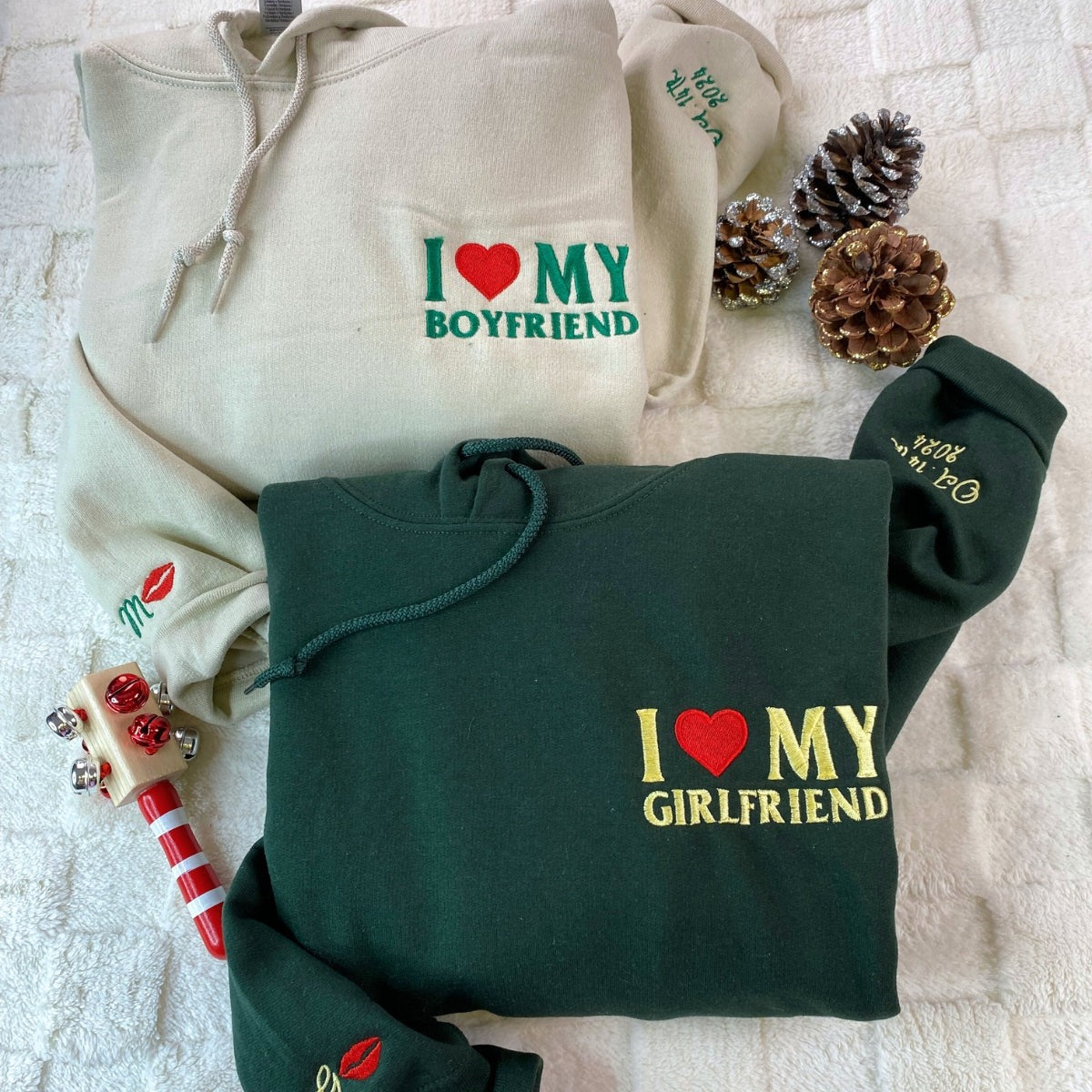 Custom Embroidered I Love My Girlfriend, Boy Friend Matching Hoodies for Couples