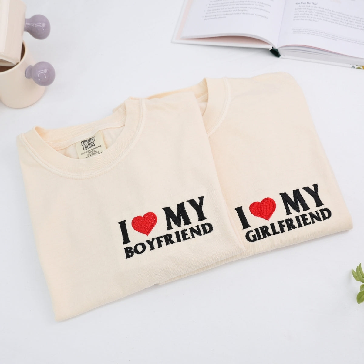 Custom Embroidered I Love My Girlfriend, Boy Friend Matching T-shirts for Couples