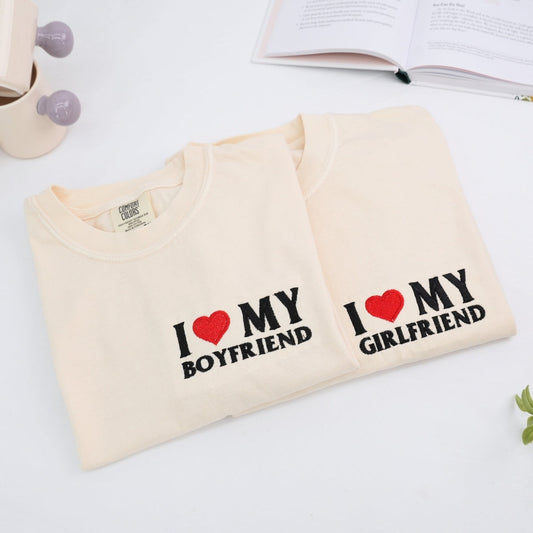 Custom Embroidered I Love My Girlfriend, Boy Friend Matching T-shirts for Couples