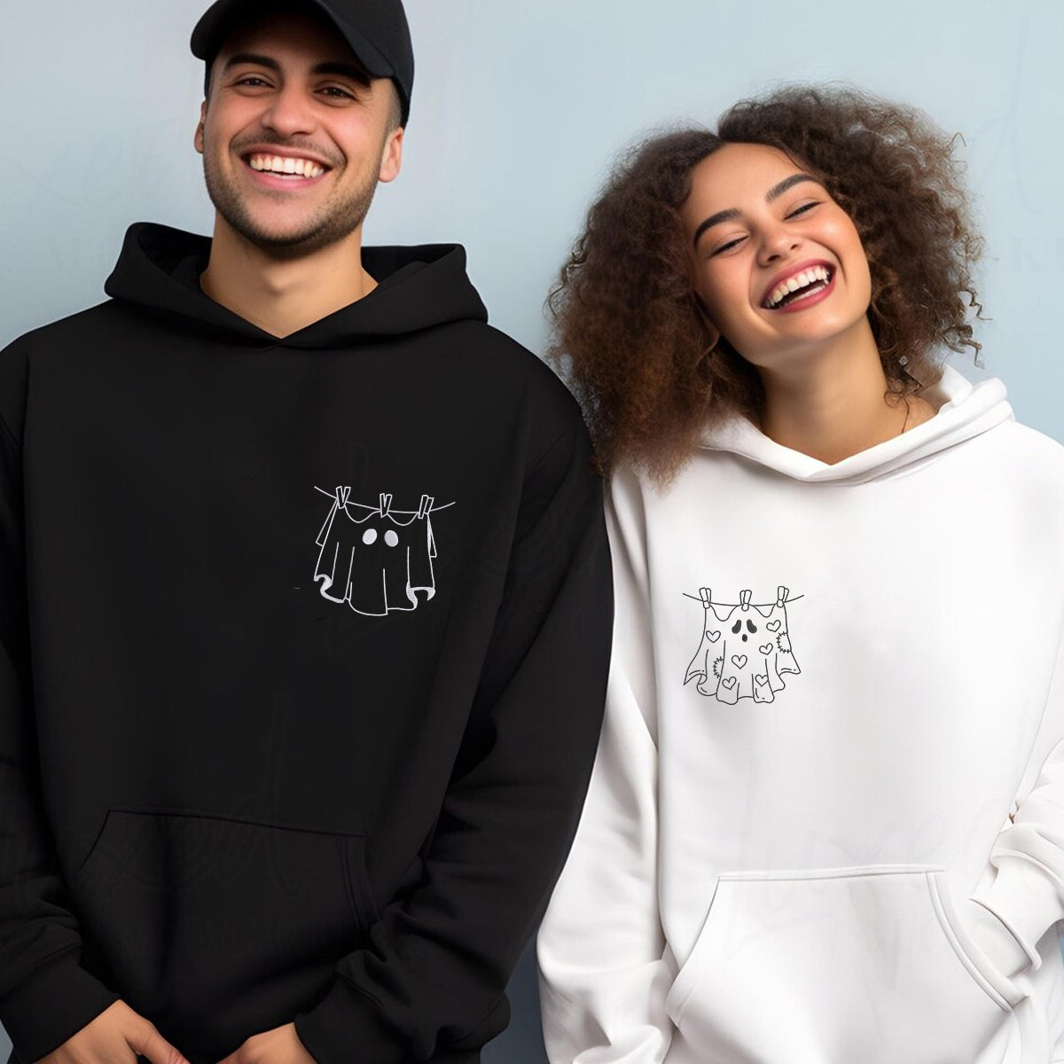 Custom Embroidered Laundry Ghosts Matching Hoodies for Couples