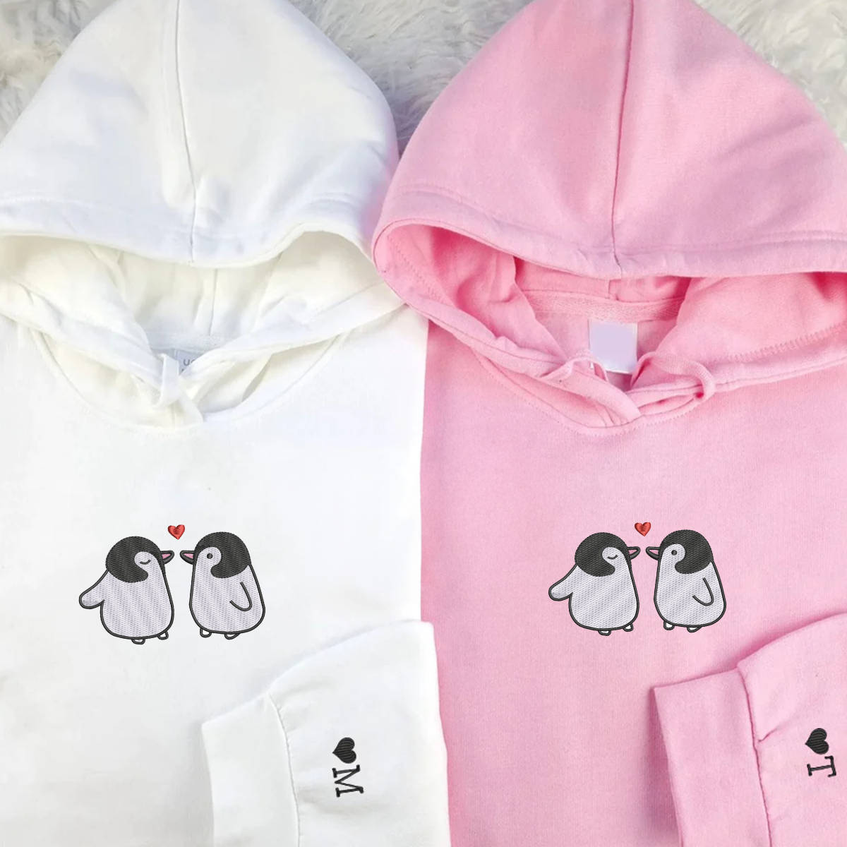 Custom Embroidered Penguin Love Matching Hoodies for Couples