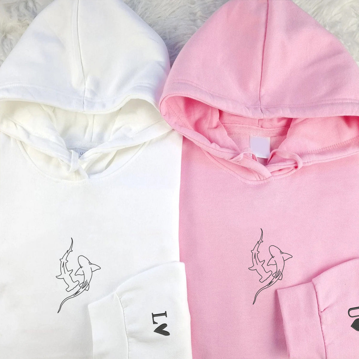 Custom Embroidered Shark Love Matching Hoodies for Couples