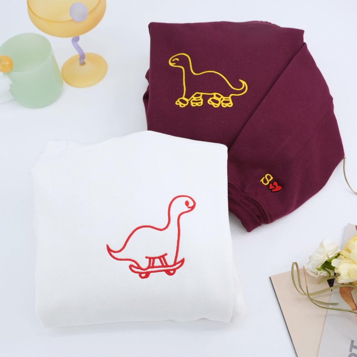 Custom Embroidered Skater Dino Matching Hoodies for Couples