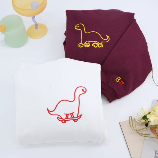 Custom Embroidered Skater Dino Matching Hoodies for Couples