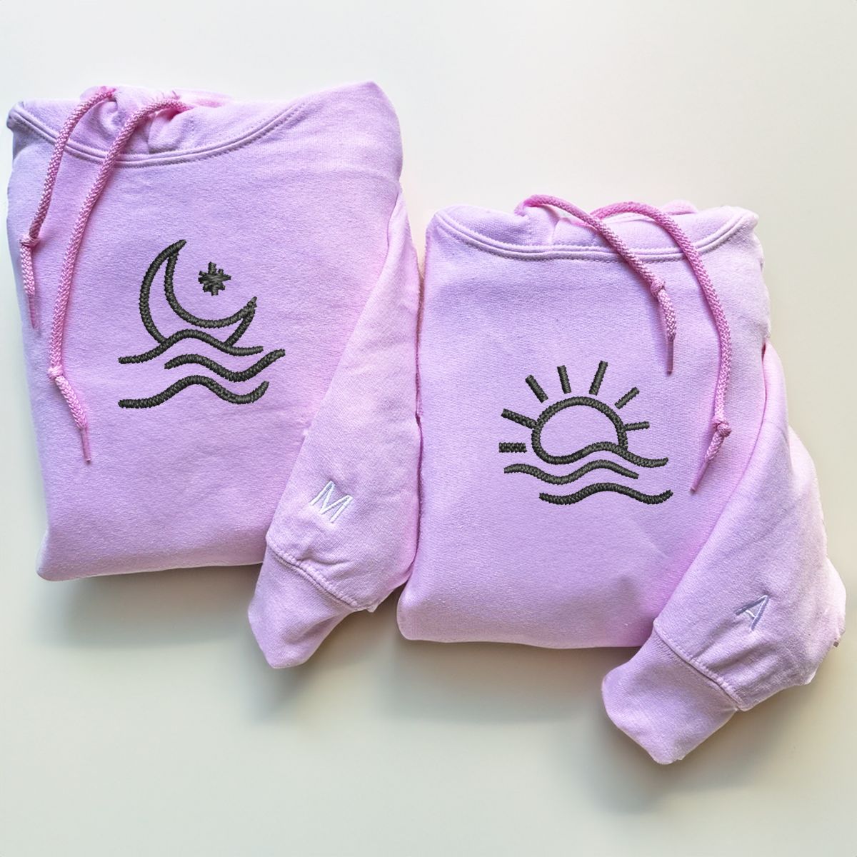 Custom Embroidered Sun and Moon Wave Matching Hoodies for Couples