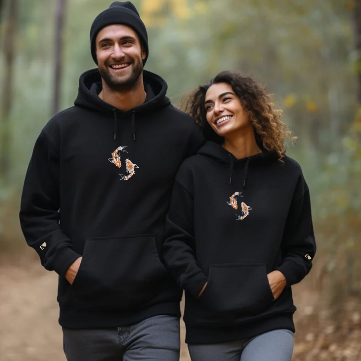 Custom Embroidered Yin & Yang Koi Fish Matching Hoodies for Couples