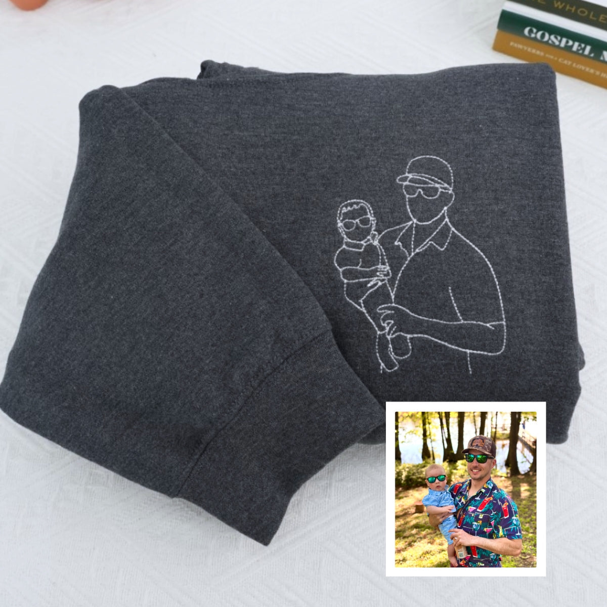 Custom Father Child Line Art Embroidered Sweatshirts - Cool Dad Portrait Hoodies - Perfect Father's Day Gift