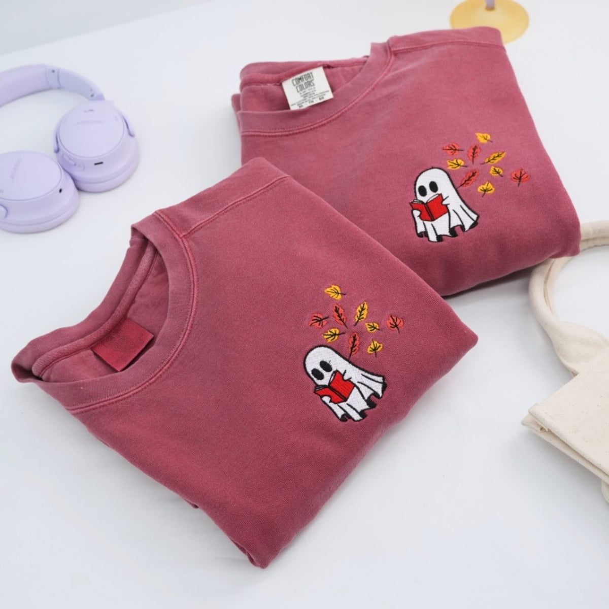 Custom Ghost Reading Book Sweatshirts - Bookish Halloween Embroidered Apparel - Perfect Book Lover Gift