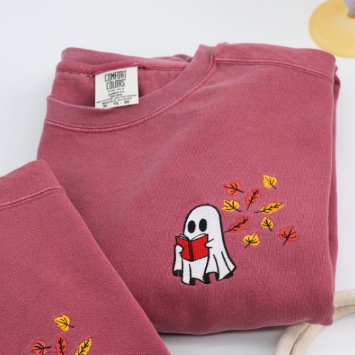 Custom Ghost Reading Book Sweatshirts - Bookish Halloween Embroidered Apparel - Perfect Book Lover Gift