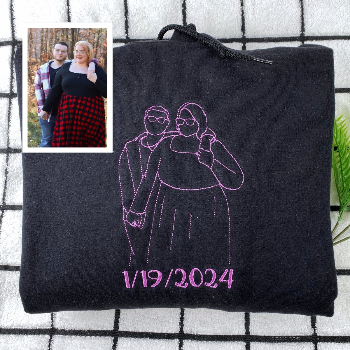 Custom Line Art Couple Hoodies - Personalized Portrait Embroidery with Initials - Romantic Anniversary Gift