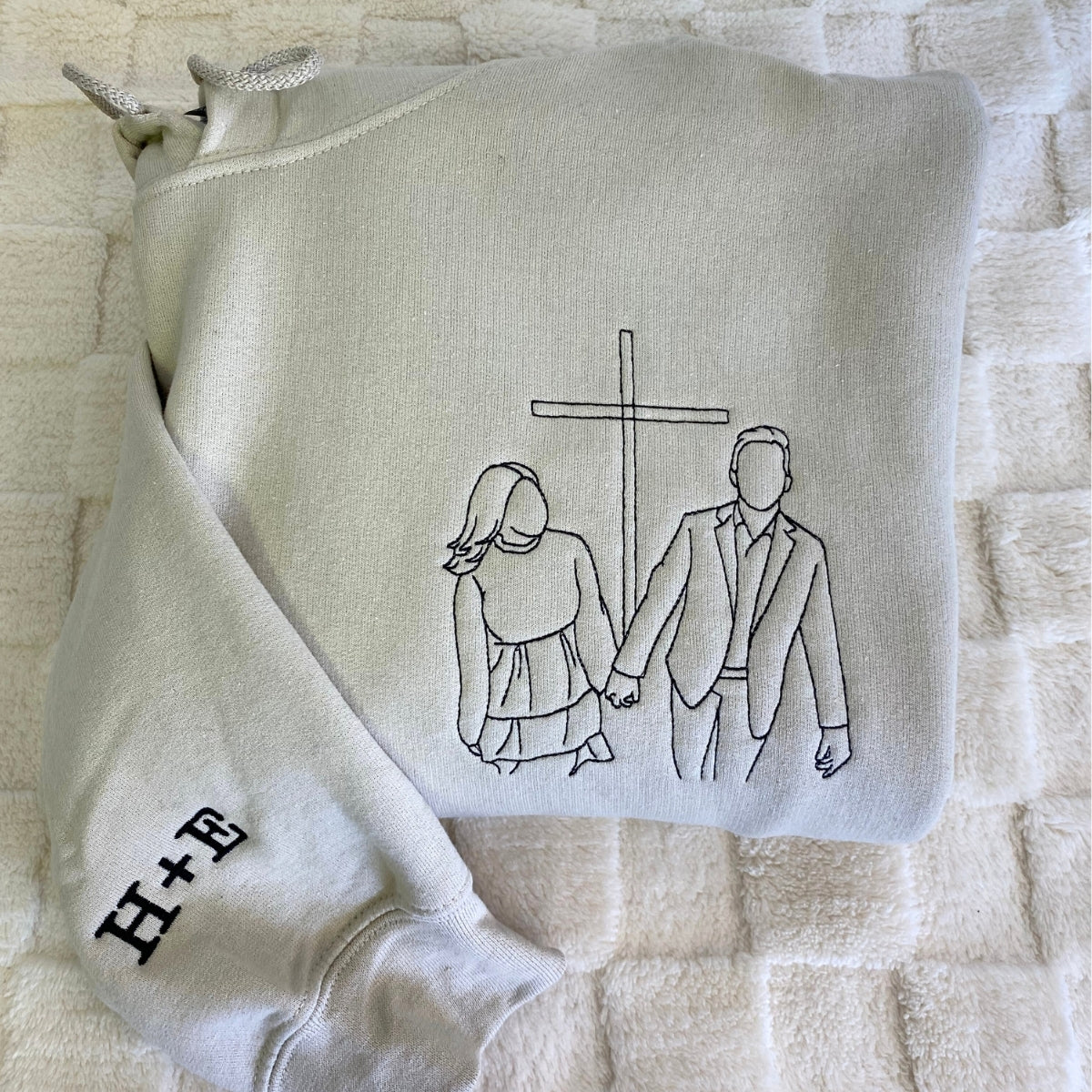 Custom Line Art Couple Hoodies - Personalized Portrait Embroidery with Initials - Romantic Anniversary Gift