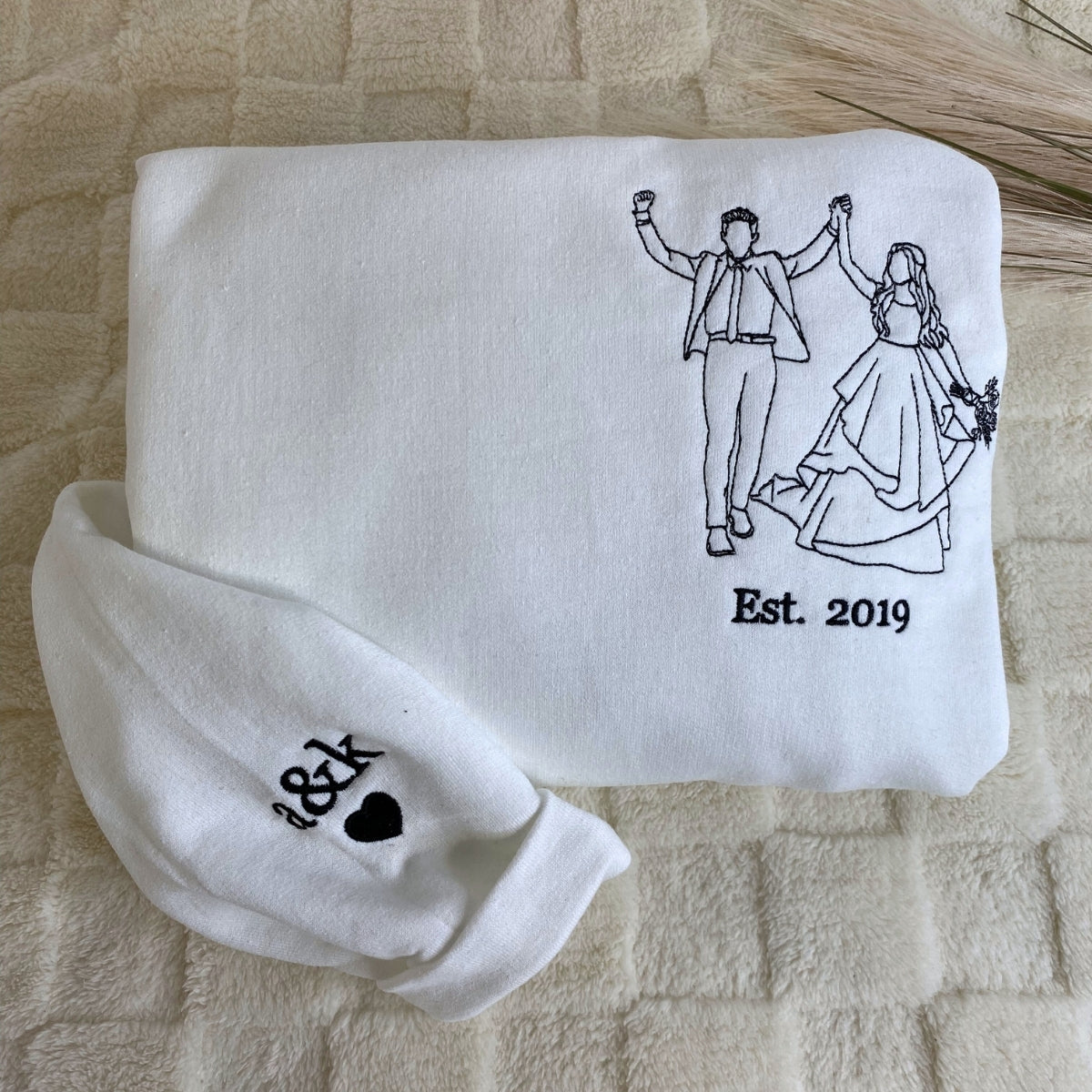 Custom Line Art Couple Hoodies - Personalized Portrait Embroidery with Initials - Romantic Anniversary Gift