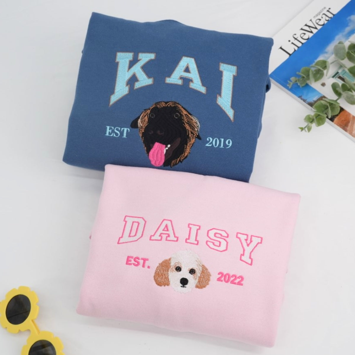 Custom Pet Name Sweatshirts - Dog Portrait Varsity Style Embroidered Sweaters - Dog Lover Gift