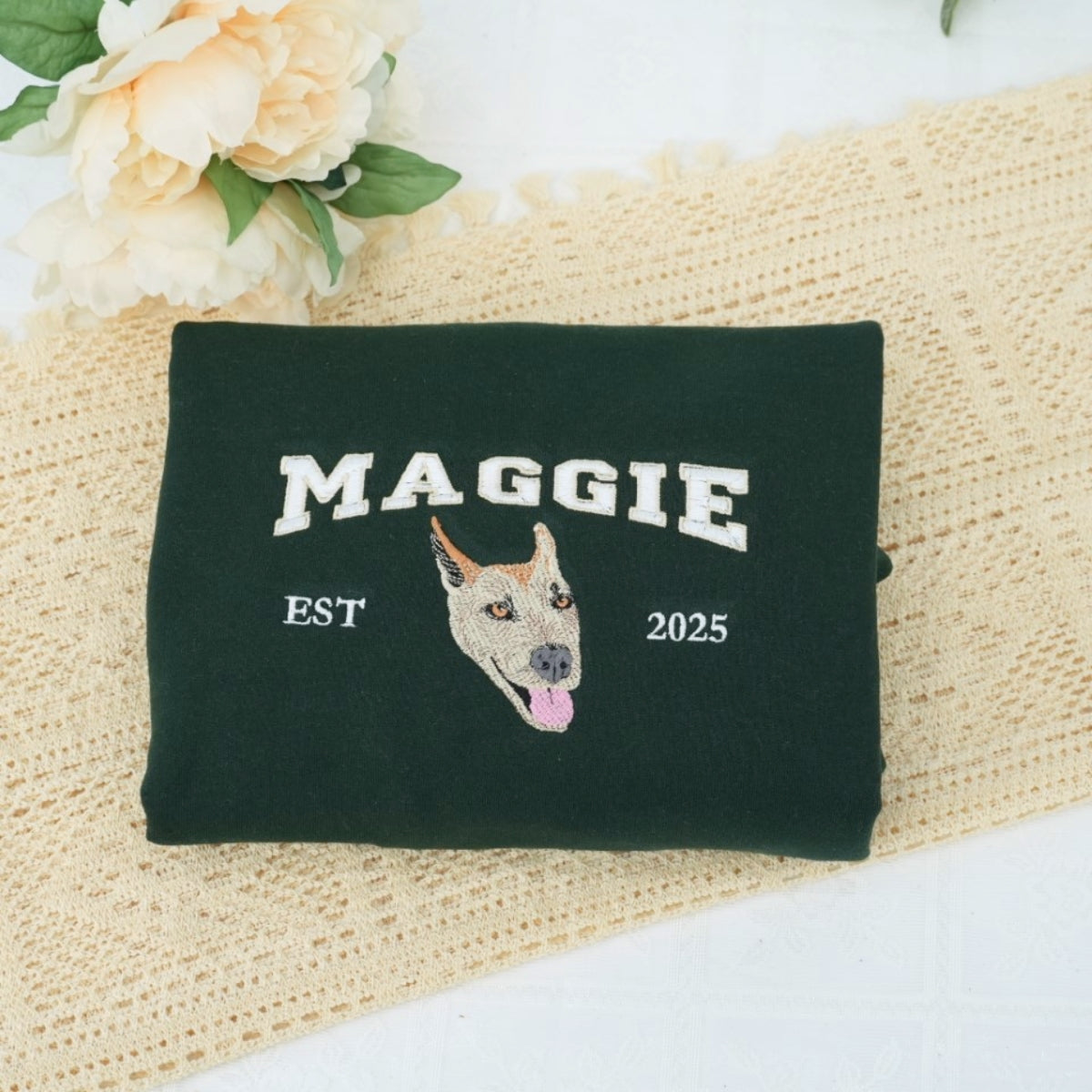 Custom Pet Name Sweatshirts - Dog Portrait Varsity Style Embroidered Sweaters - Dog Lover Gift