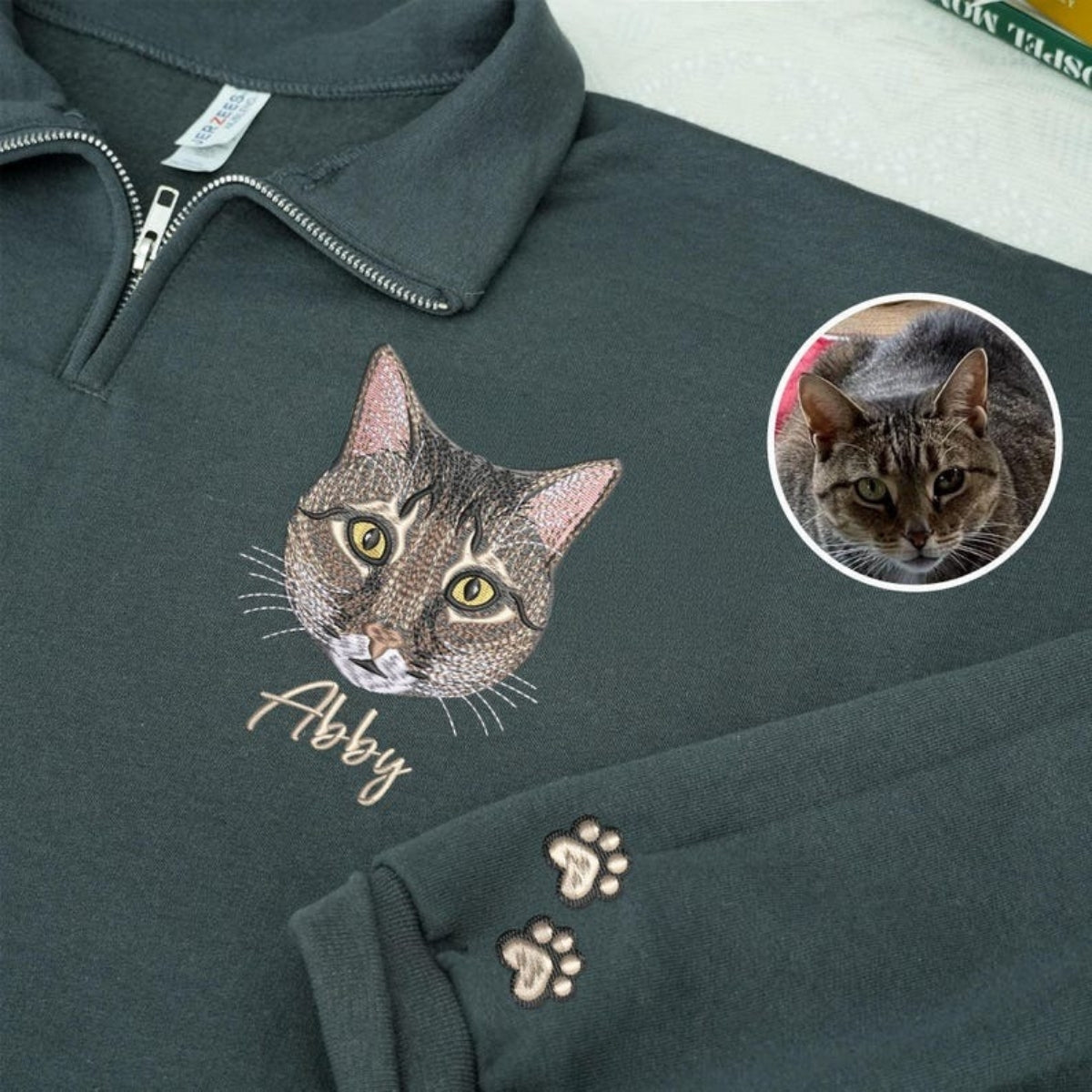 Custom Pet Portrait Quarter Zip - Cat Face Embroidered Pullover - Personalized Pet Memorial Gift