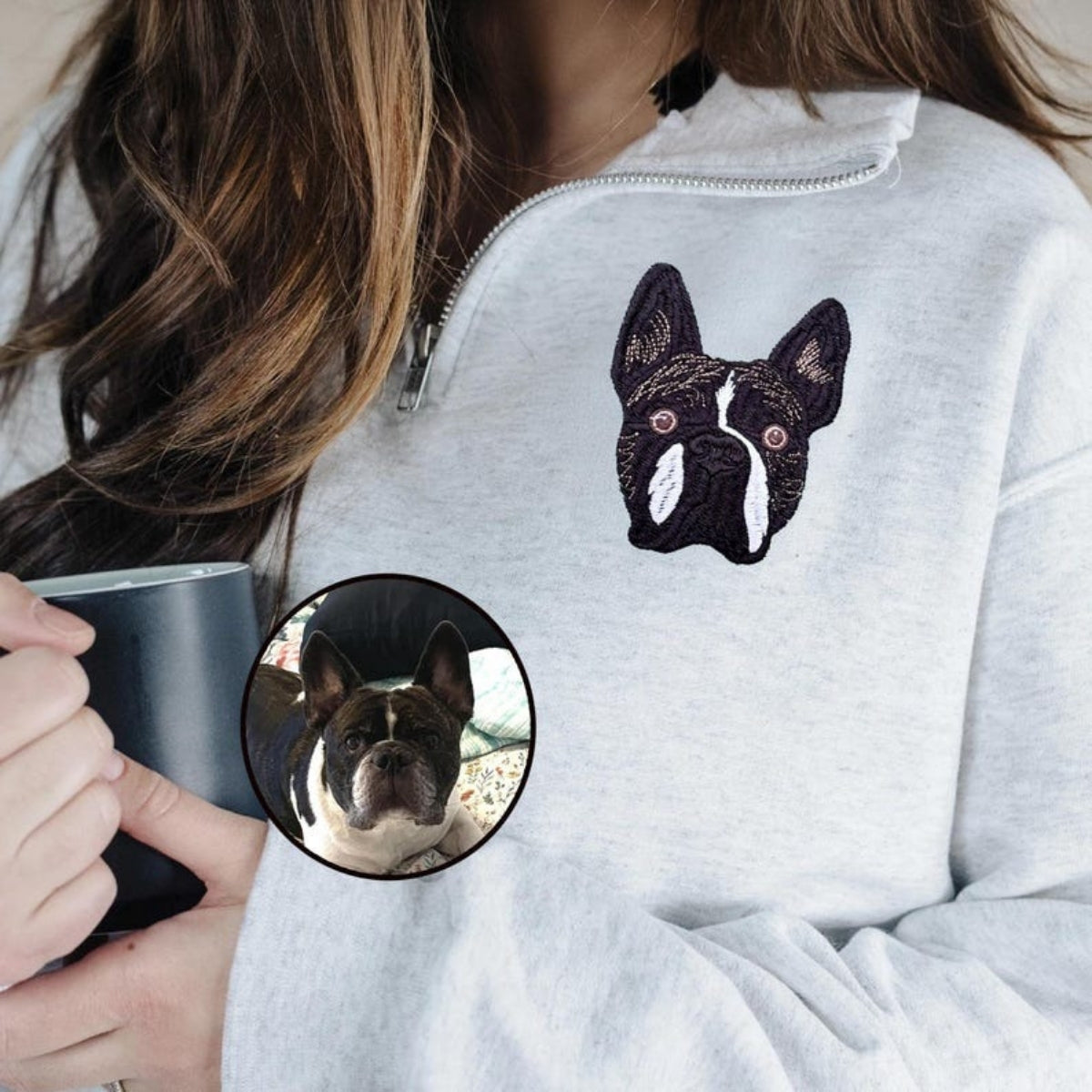 Custom Pet Portrait Quarter Zip - Cat Face Embroidered Pullover - Personalized Pet Memorial Gift
