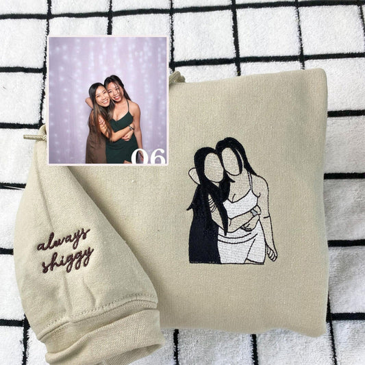 Custom Portrait Hoodie from Photo – Personalized Embroidered Sweatshirt for Best Friends, Sisters, or Couples
