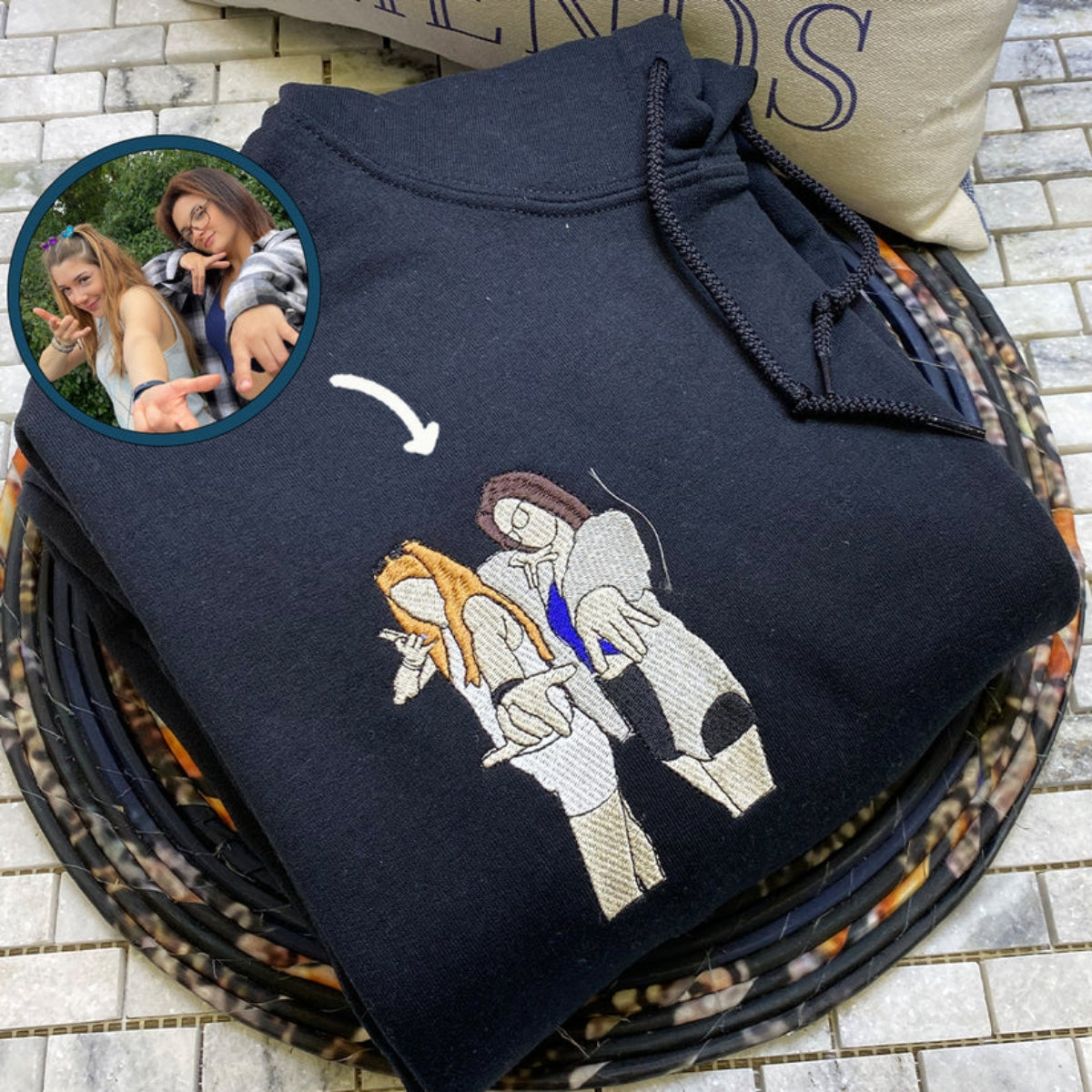 Custom Portrait Hoodie from Photo – Personalized Embroidered Sweatshirt for Best Friends, Teen Girls, or Sisters