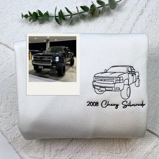 Custom Truck Portrait Hoodies - Personalized Vehicle Line Art Embroidered Sweatshirts - Truck Lover Gift