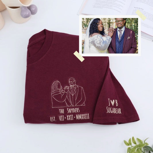 Custom Wedding Photo Hoodies - Line Art Anniversary Embroidered Sweatshirts - Perfect Wedding Gift