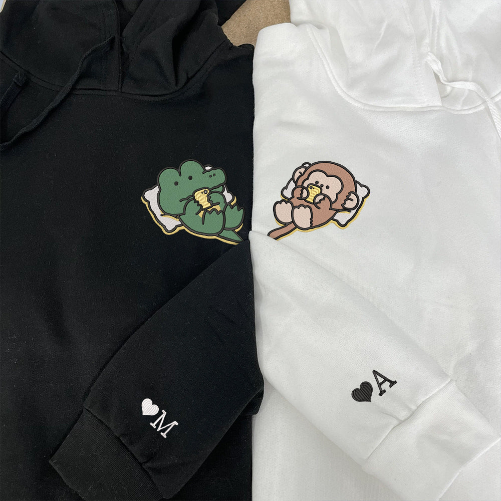 Cute Crocodile x Monkey Custom Embroidered Matching Hoodies For Couples