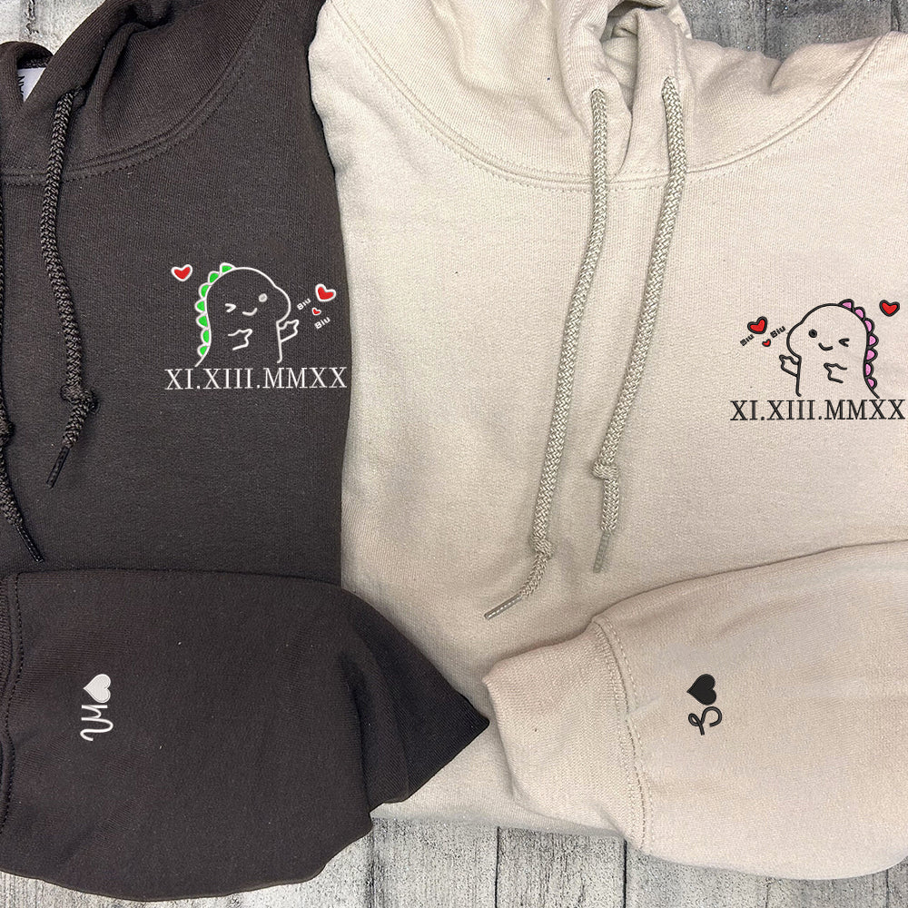 Cute Dino Couple Custom Roman Numeral Matching Embroidered Hoodies For Couples